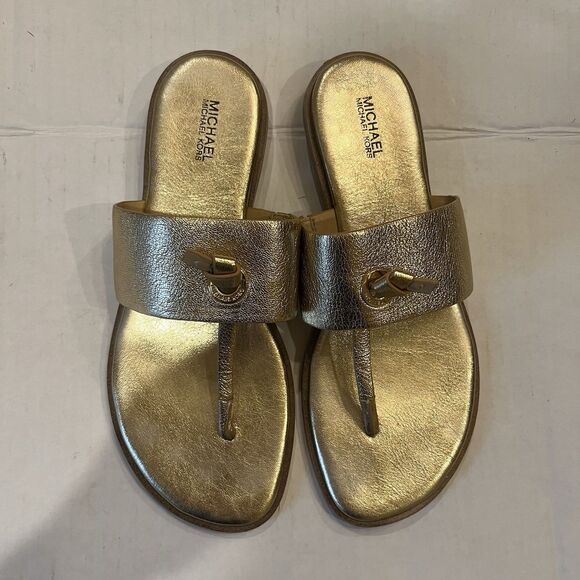 Michael Kors MK Cindy Gold Leather Sandals Slide Sz 8.5 - Picture 3 of 6